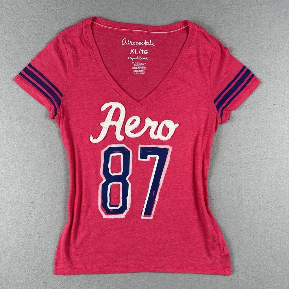 Y2K Aeropostale V Neck Baby Tee Shirt XL Pink  Aero 87 Logo Short Sleeve